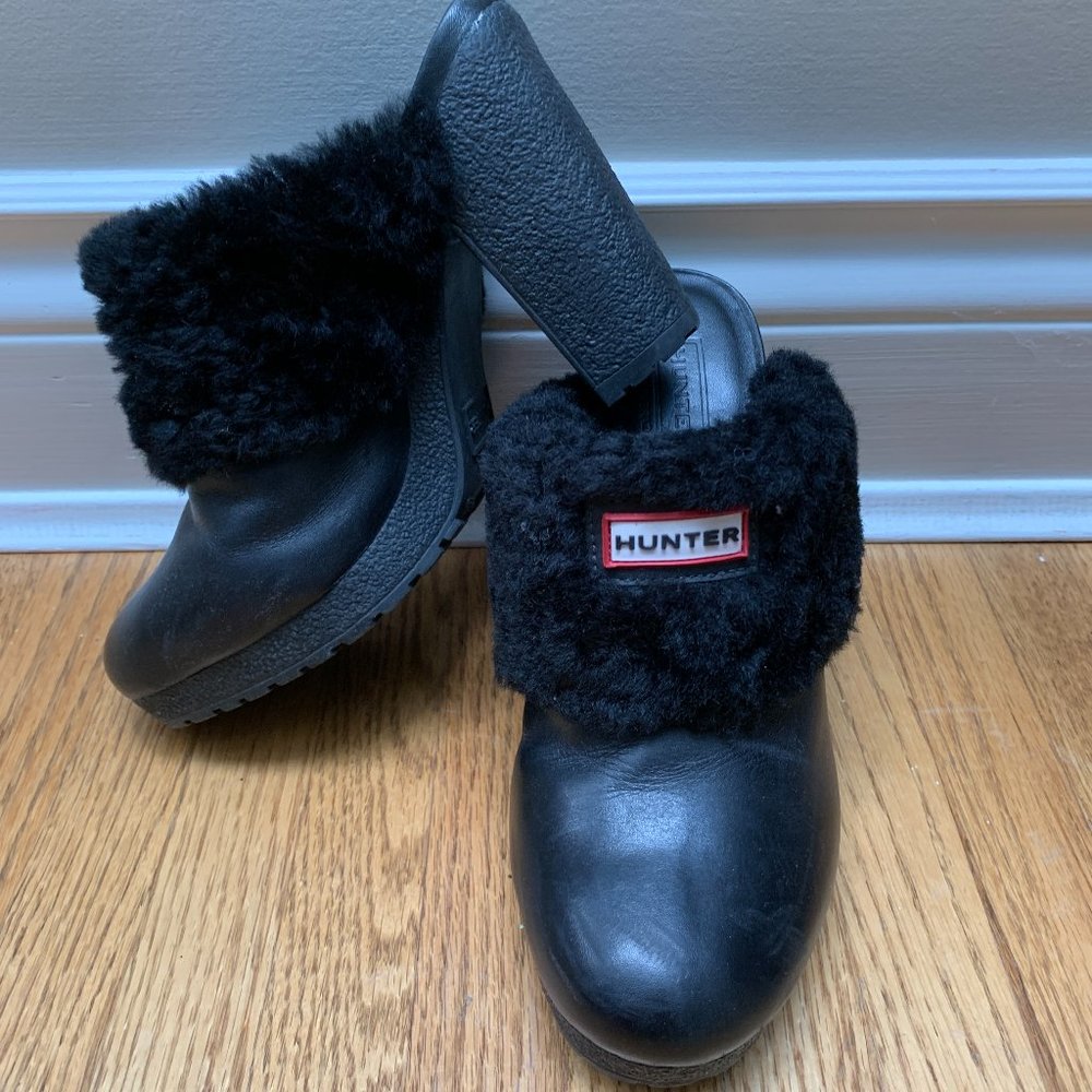 Authentic black Hunter Bruson sheepskin shearling fur lined leather clog shoes